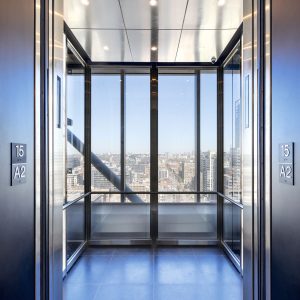 A Schindler elevator with glass walls
