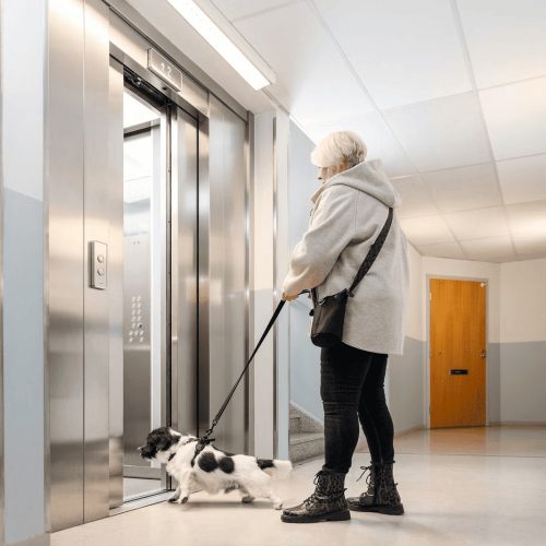 Older woman and dog going to elevator (1)